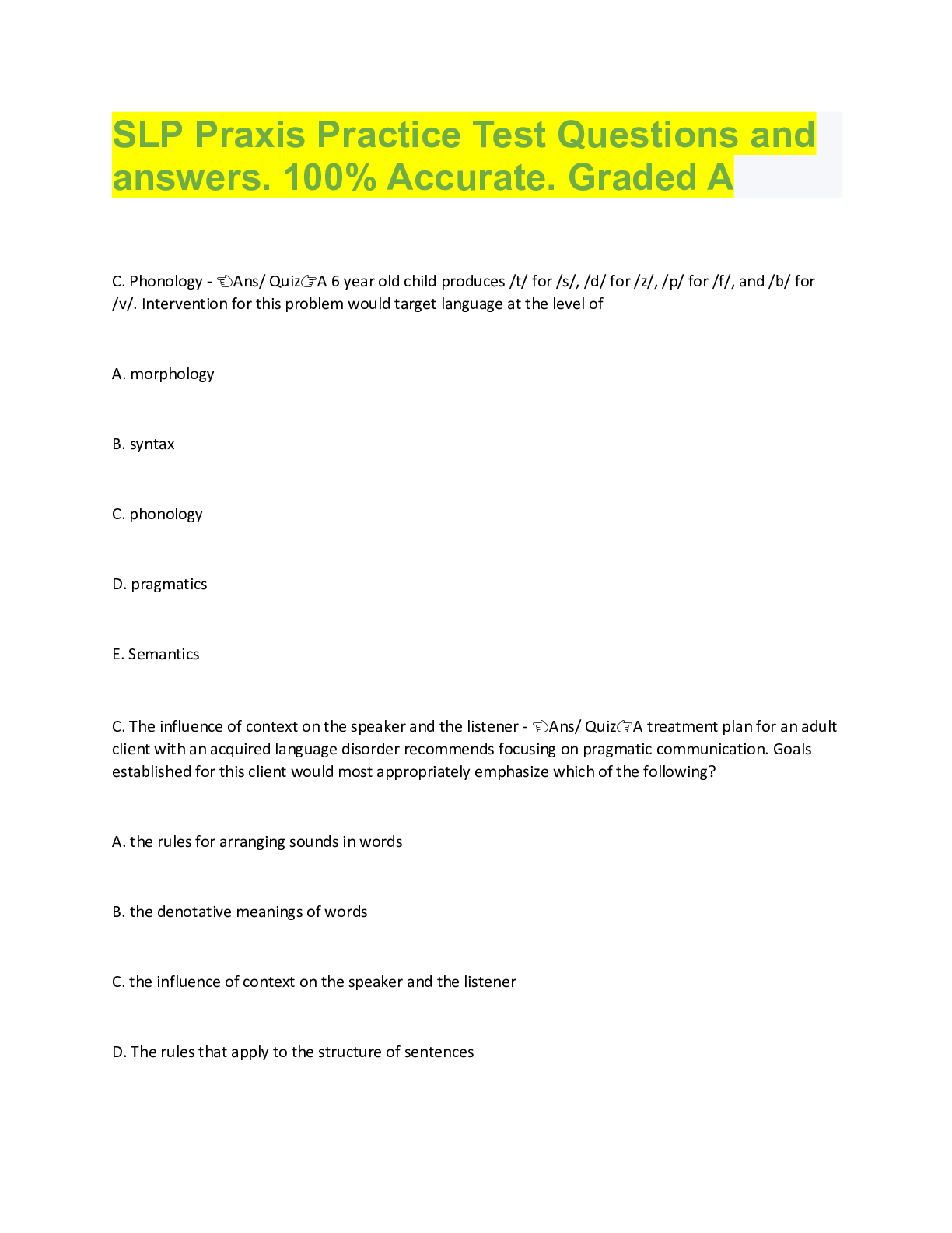 Preview of SLP Praxis Practice Test Questions and  answers. 100% Accurate. Graded A